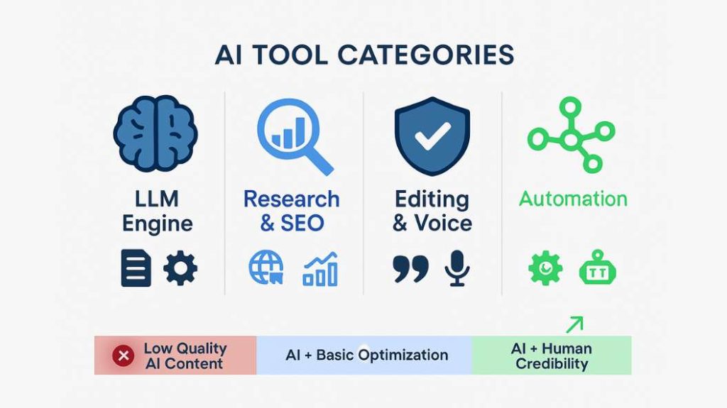 Four categories of AI content tools - LLM engine research SEO editing automation breakdown infographic