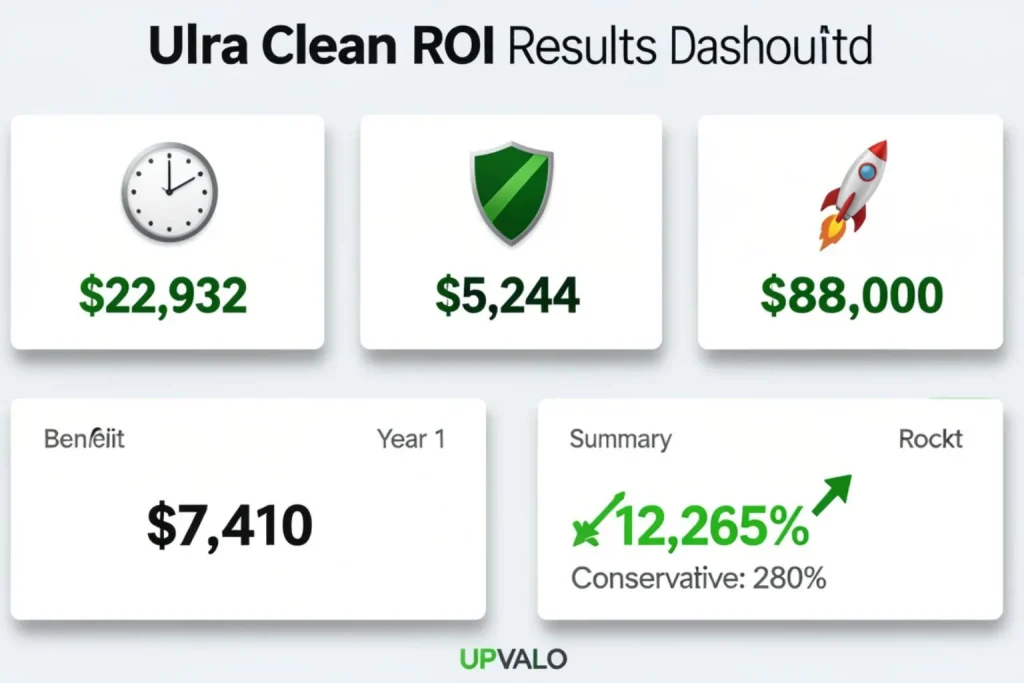 AI automation ROI results dashboard showing FinanceFlow 12265% return and complete cost benefit analysis