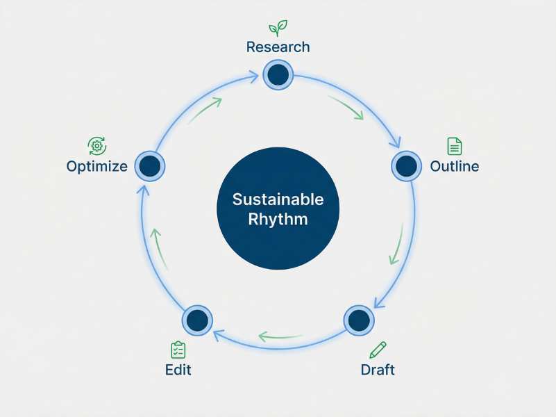 AI writing workflow cycle diagram showing connected stages for sustainable content creation rhythm