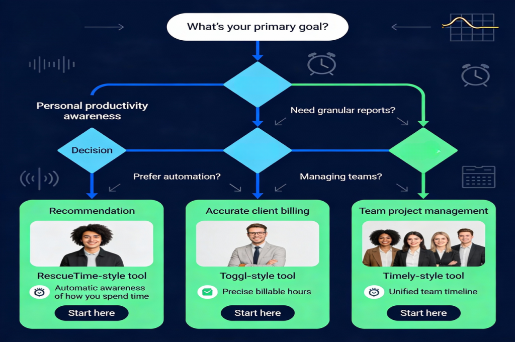 Decision flowchart: choosing the right time tracking tool based on work style and needs