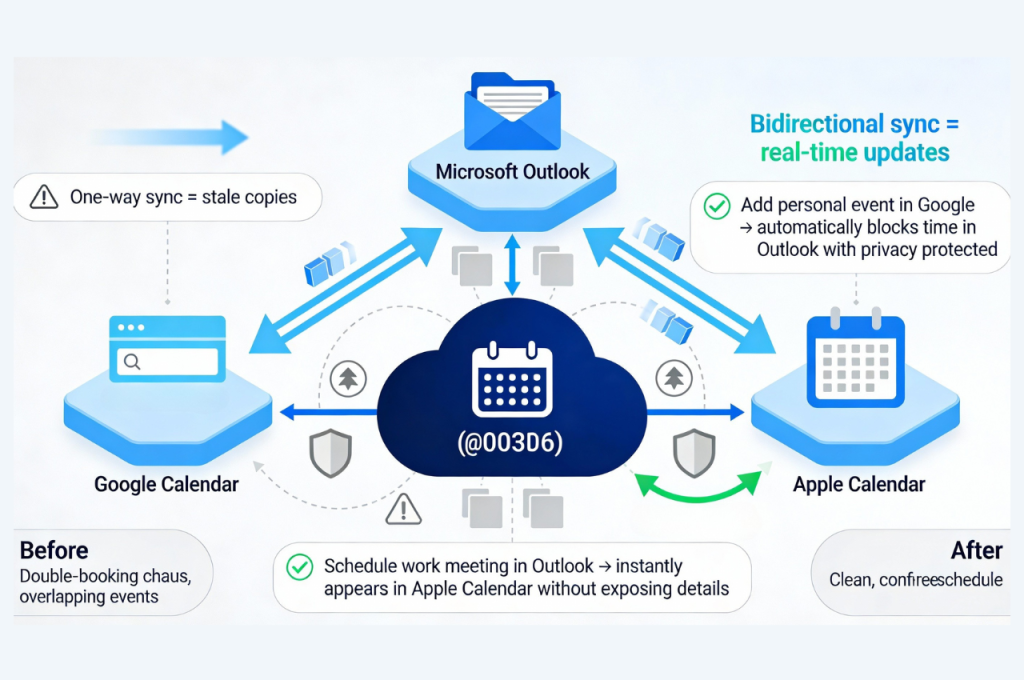 Bidirectional calendar synchronization: real-time two-way sync across Google, Outlook, and Apple calendars