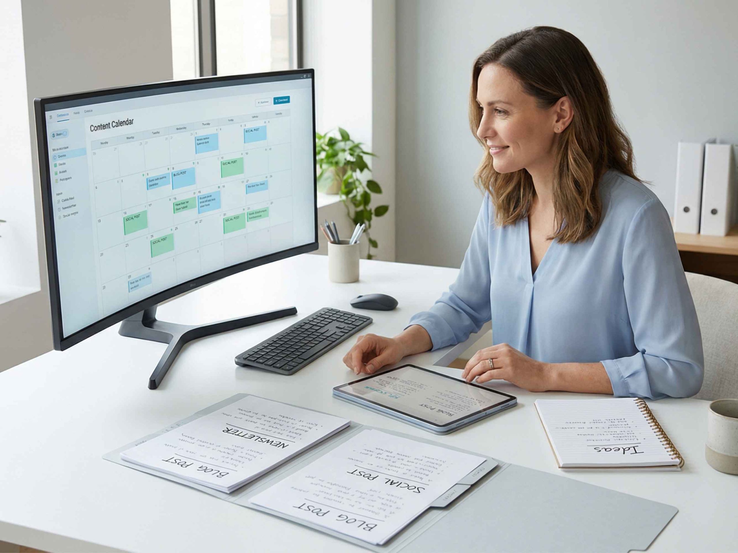 Créateur de contenu travaillant avec un workflow structuré pour publier régulièrement et stimuler sa créativité