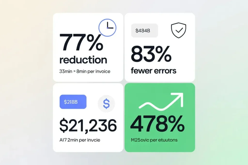 AI business process optimization ROI dashboard showing 478% return and 77% time savings for TechStart