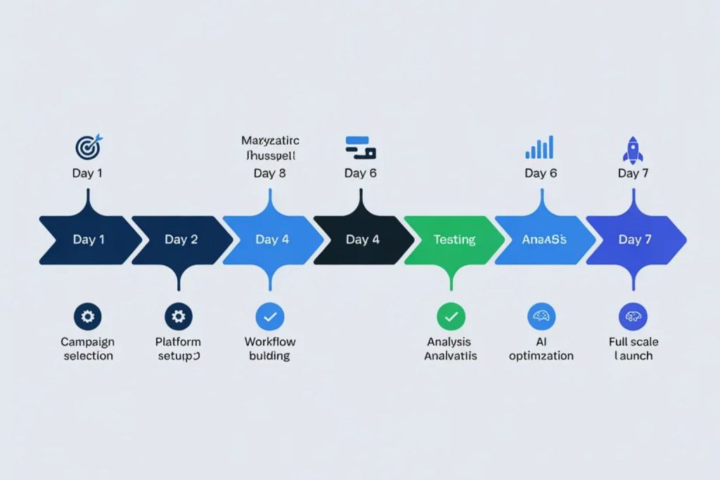AI marketing automation 7-day campaign timeline showing daily milestones and key activities