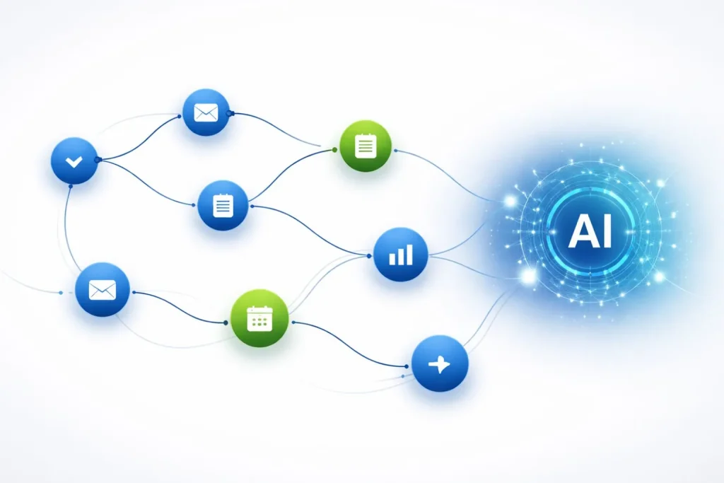 AI-powered business automation workflow nodes showing connected automated processes