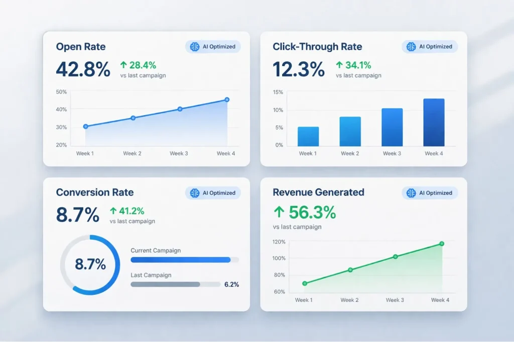 AI marketing automation performance dashboard showing campaign metrics and optimization results