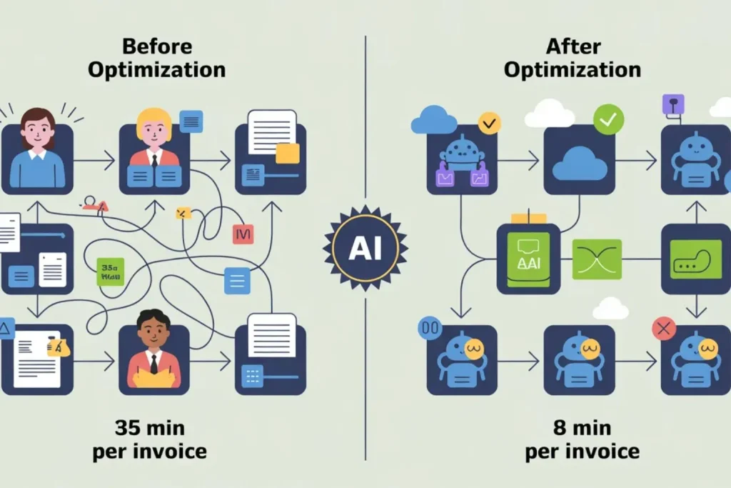 AI business process optimization before and after comparison showing manual vs automated invoice processing