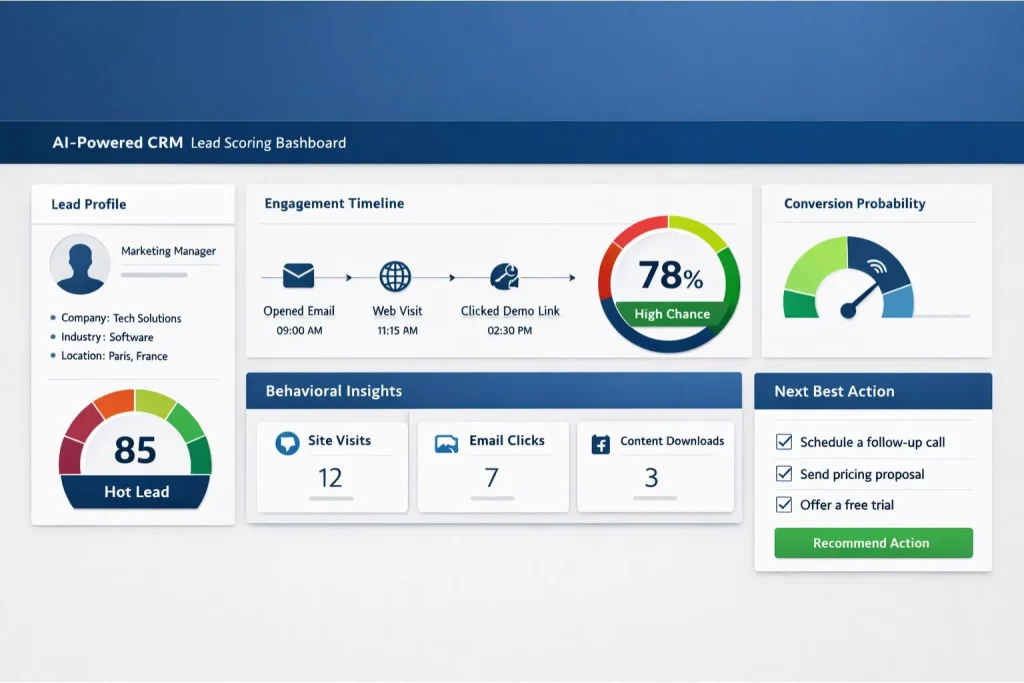 AI-powered CRM automation lead scoring interface showing predictive signals and dynamic routing