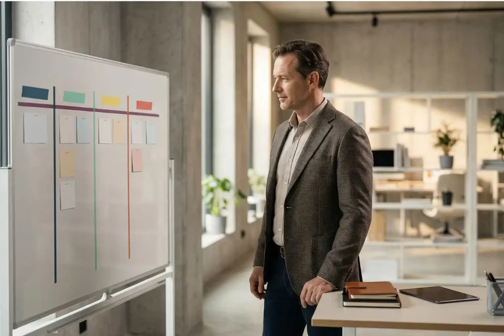 Agency founder organizing a structured 30-day agency automation plan in a modern office