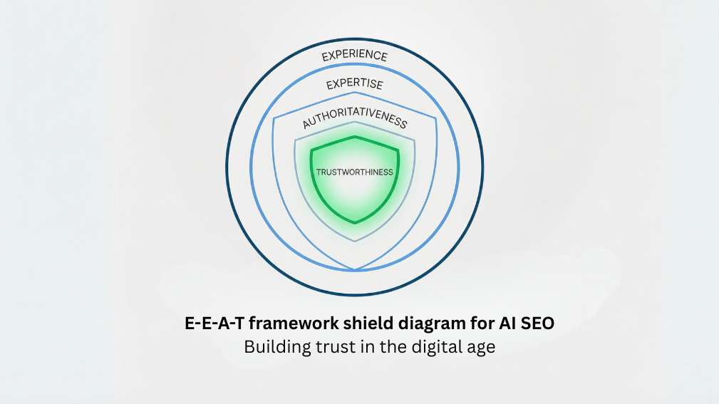 E-E-A-T framework shield diagram for AI SEO - experience expertise authoritativeness trustworthiness layers