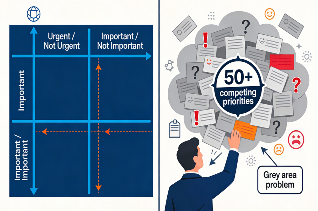 Eisenhower Matrix limitations: binary classification fails with 50+ competing priorities