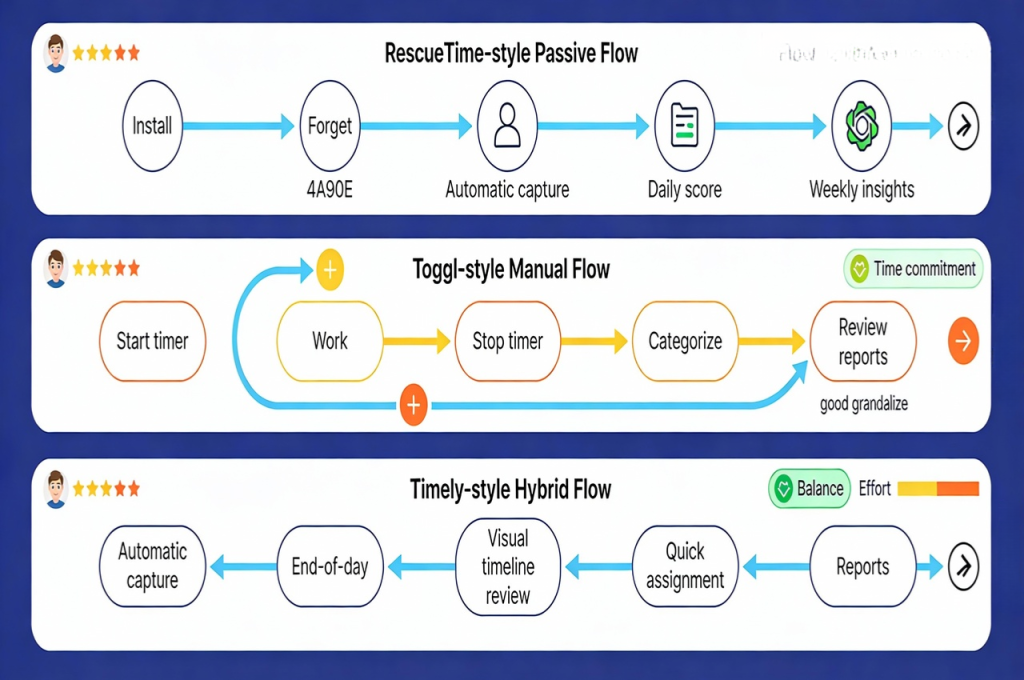 Daily workflow comparison: passive RescueTime, manual Toggl, and hybrid Timely tracking processes