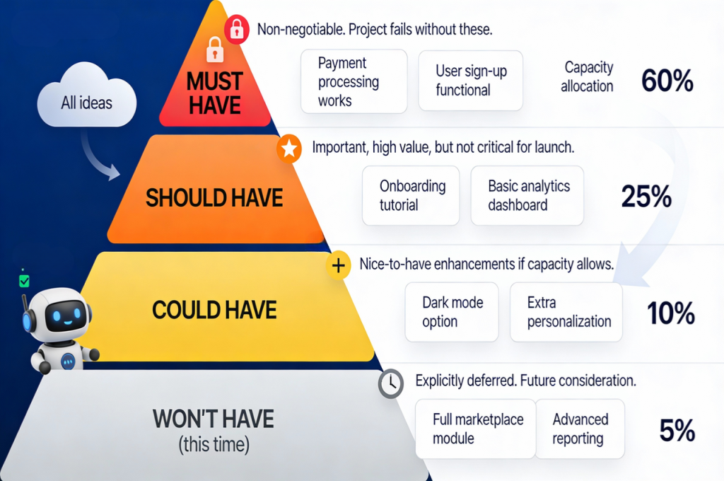MoSCoW prioritization method: Must-Should-Could-Won't categories with capacity allocation