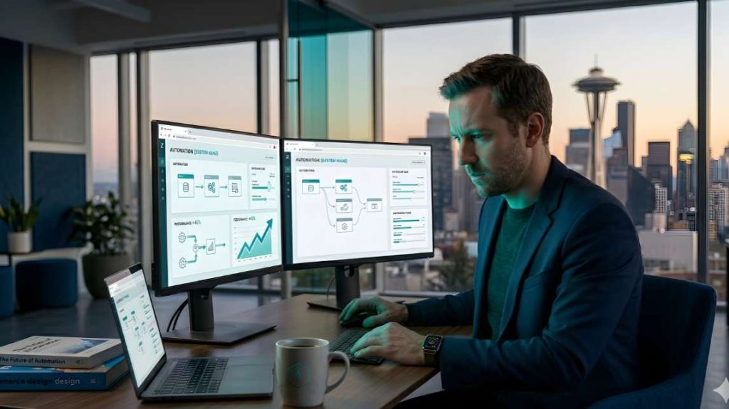 Entrepreneur monitoring a clean automation dashboard powered by best AI agents for ecommerce