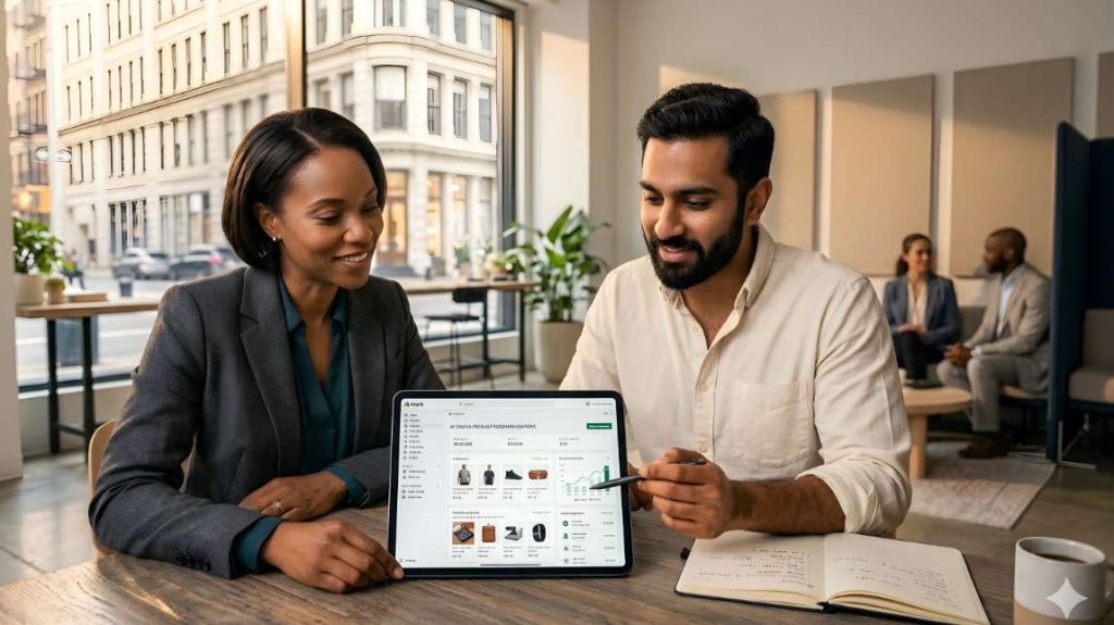 Diverse team in a New York office discussing the impact of best AI agents for ecommerce on their sales.