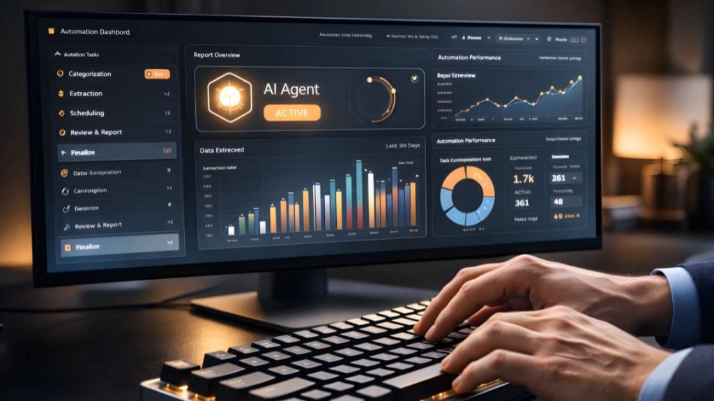 Hands typing on mechanical keyboard with full AI automation dashboard visible on ultrawide monitor showing best ai agents for ecommerce
