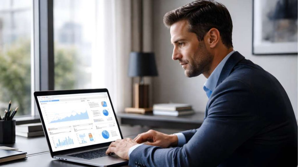 40-year-old business analyst working on MacBook in chic office with visible analytics dashboard showing best ai agents for ecommerce