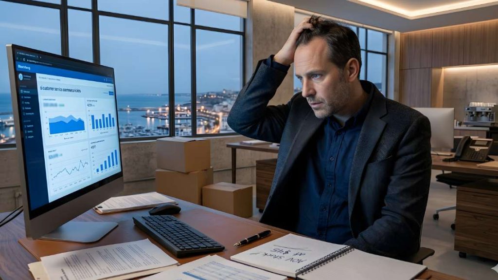 A professional man in a dark office analyzing customer support friction and lost sales metrics.