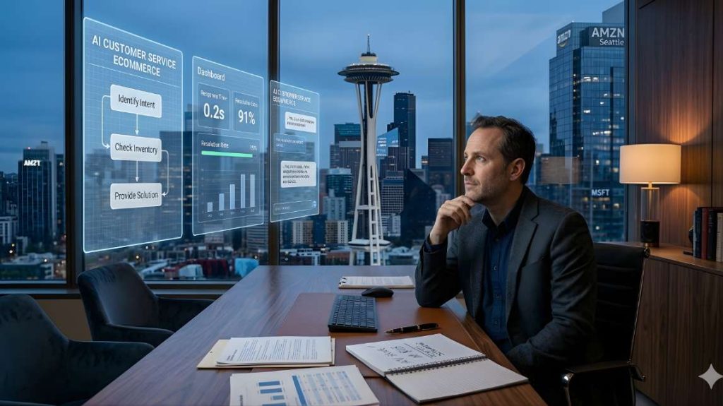 Professional man in a Seattle office interacting with an AI customer service interface for ecommerce.