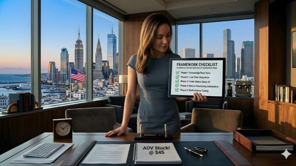 A professional woman holding a tablet with a successful AI customer service checklist for an ecommerce business.
