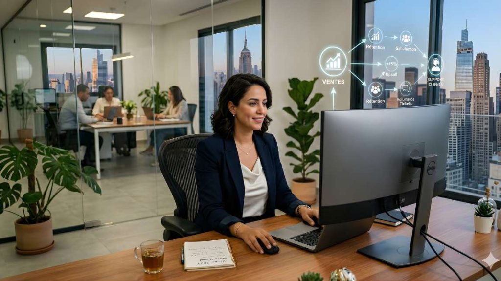 Professional entrepreneur monitoring an automated ai customer service ecommerce dashboard in a modern office.