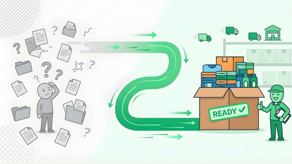 Minimalist illustration comparing chaotic manual spreadsheets to a streamlined ai inventory forecasting ecommerce flow.