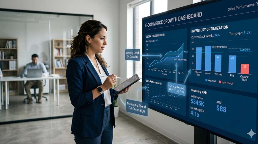 A professional entrepreneur analyzing an ai inventory forecasting ecommerce dashboard in a modern office