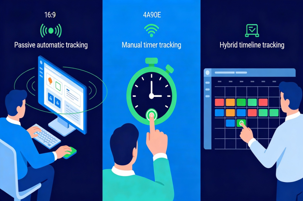 Comparison of three time tracking approaches: RescueTime passive, Toggl manual, and Timely hybrid
