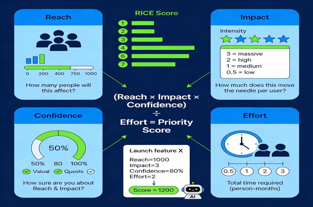 RICE prioritization framework: Reach × Impact × Confidence ÷ Effort with scoring example