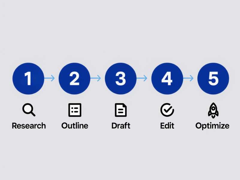 5 step AI writing workflow diagram - research outline draft edit optimize process for content creators