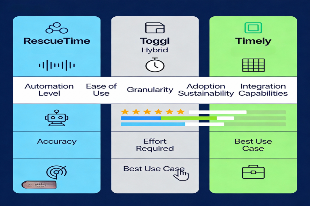 Detailed feature comparison table: RescueTime vs Toggl vs Timely methodologies and capabilities