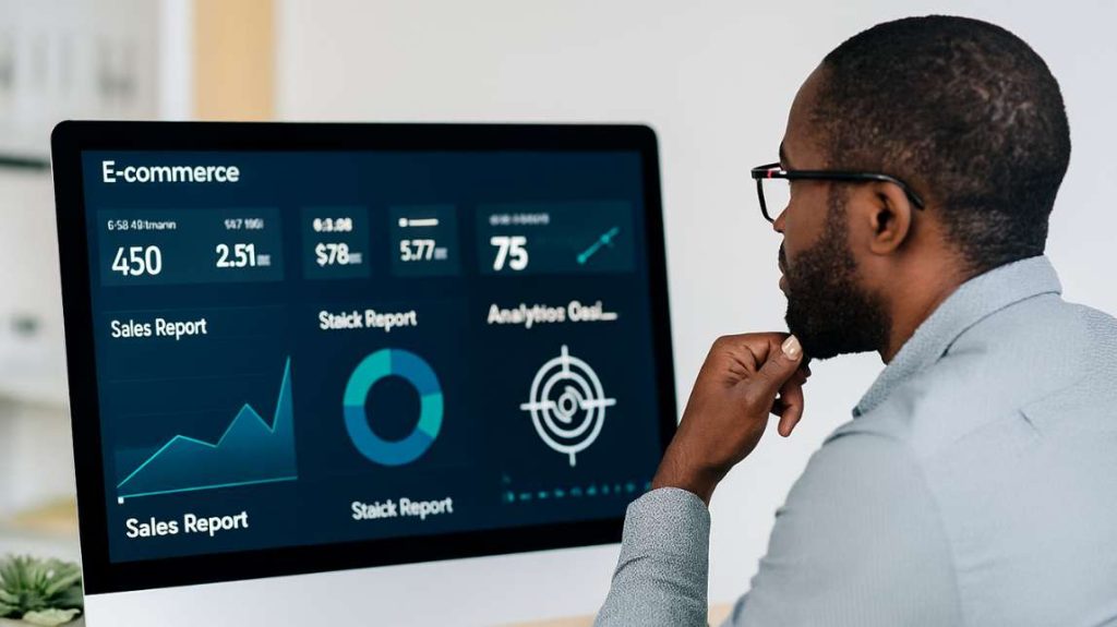 A businessman analyzing sales reports and analytics on a large monitor using an AI ecommerce automation platform.