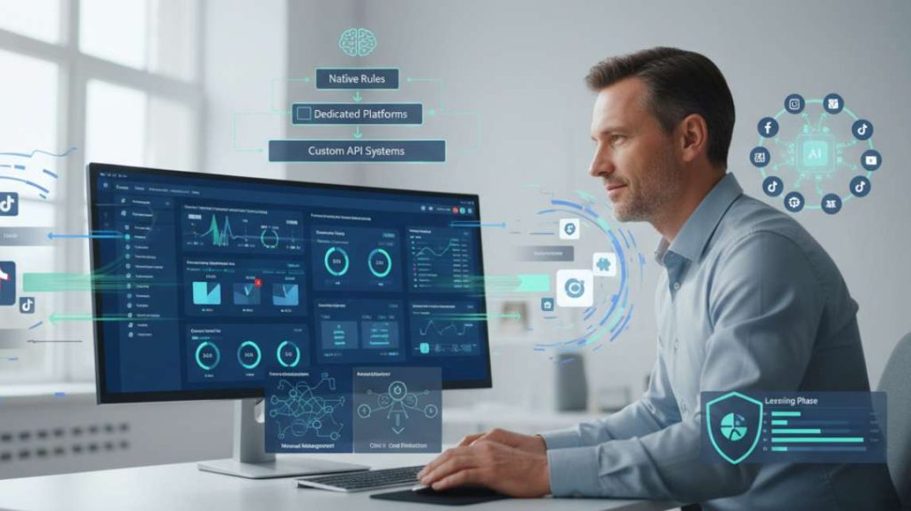 Businessman reviewing technical flowcharts and data on an AI ads automation interface with holographic overlays.