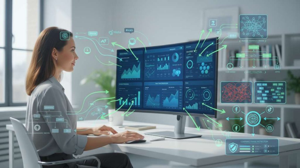 Futuristic display showing AI ads automation workflows with green arrows connecting data points and social media logos.