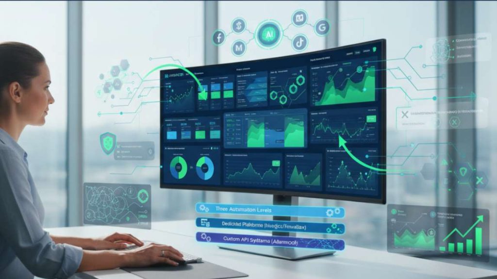 Woman analyzing green growth charts on a screen showing AI ads automation levels and custom API integrations.