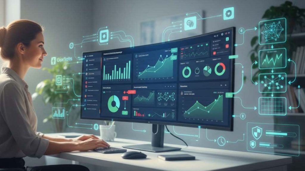 A woman working at a modern desk with a large monitor displaying comprehensive AI ads automation metrics and graphs.
