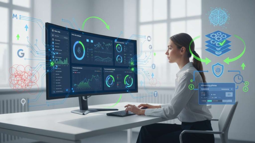  High-tech office setting with a woman using an AI ads automation system displayed on a wide curved monitor.