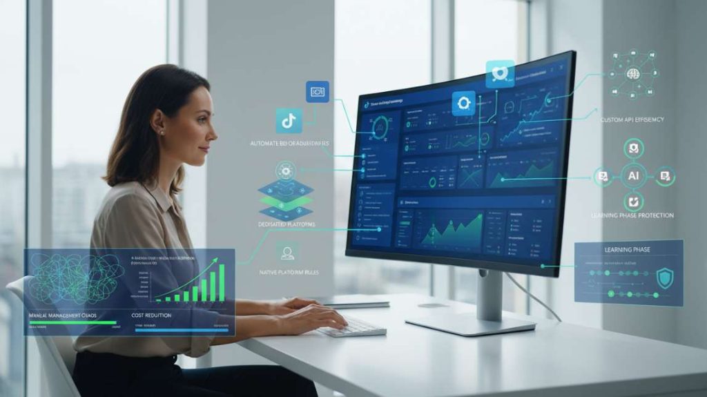 A professional woman monitoring a futuristic dashboard featuring AI ads automation tools and social media icons.