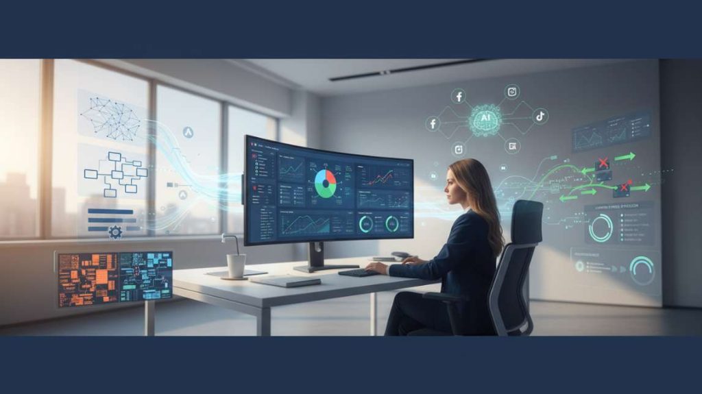 A businesswoman in a futuristic office managing a multi-channel AI ads automation system with holographic social media and data overlays.
