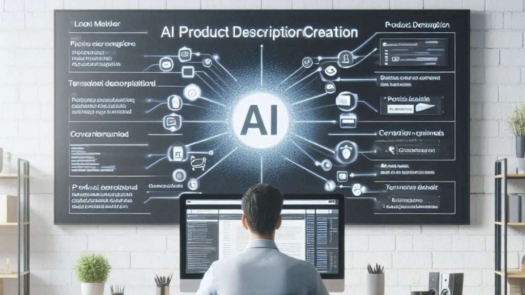 A professional facing a large screen displaying a central hub for generating ai product descriptions.