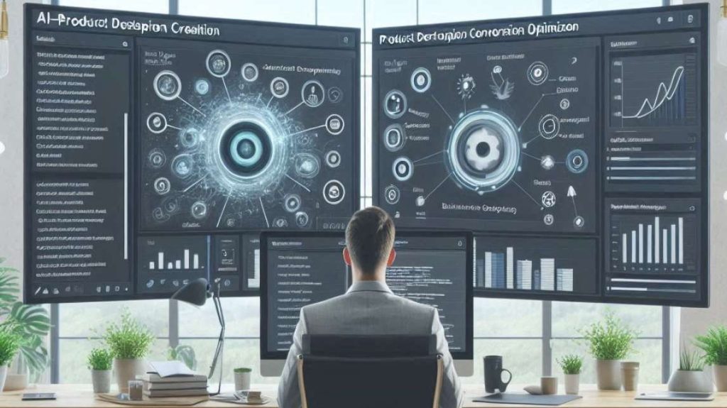A person at a desk with three screens showing interconnected data nodes for mass-producing ai product descriptions.