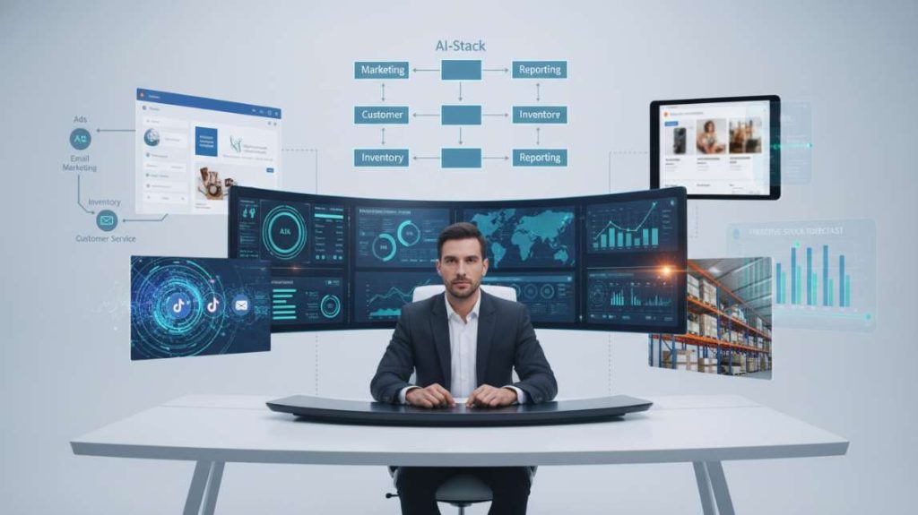 A male professional at a futuristic desk showing a complete AI ecommerce automation workflow for marketing and inventory.