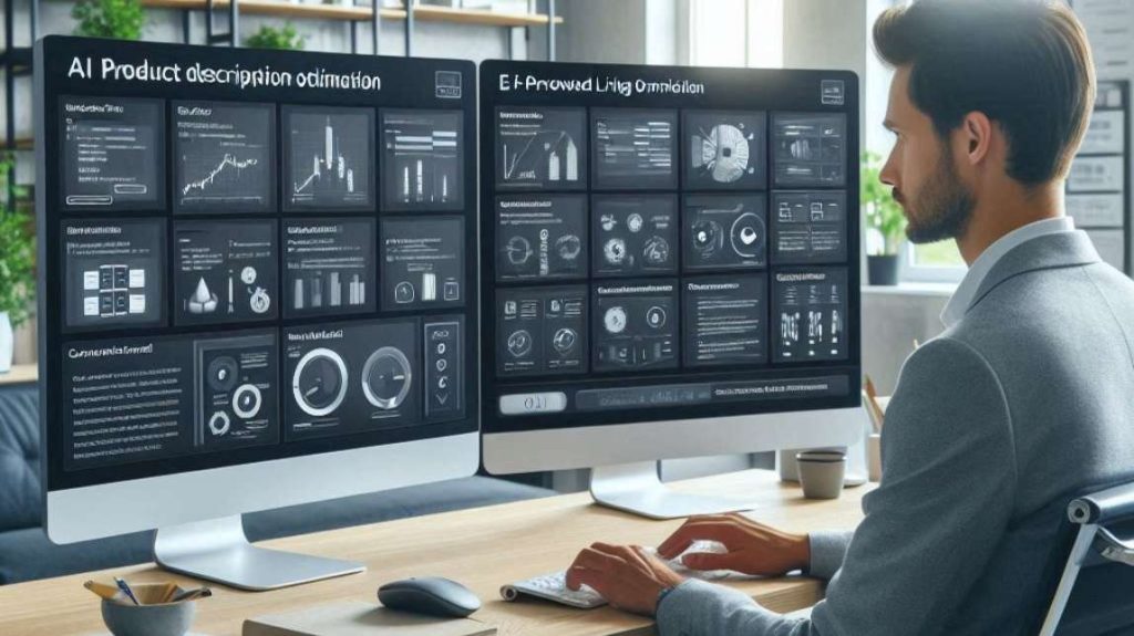  A professional working on two computer monitors displaying a dashboard for managing and editing ai product descriptions.
