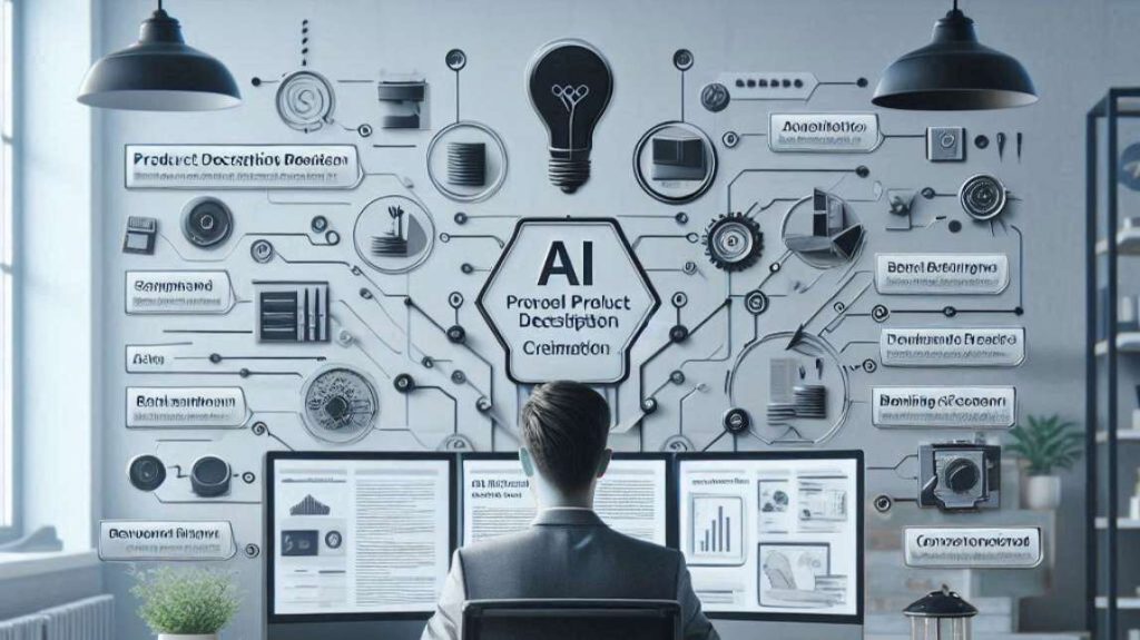  A man facing a wall infographic illustrating the complex neural process of generating ai product descriptions.