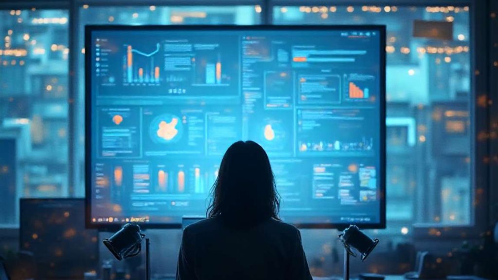 Silhouette of a woman in a dark room looking at a large glowing screen with data visualizations for ai product descriptions.