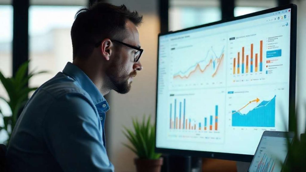 A man with glasses analyzing performance charts and data metrics related to ai product descriptions on a monitor.
