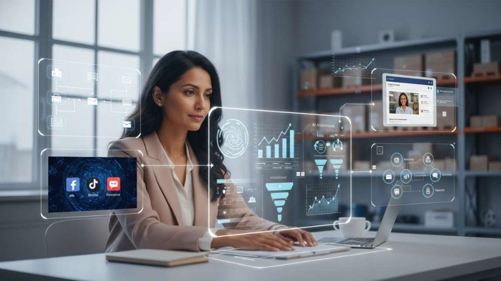 A professional woman using a laptop with holographic overlays depicting AI ecommerce automation funnels and warehouse data.
