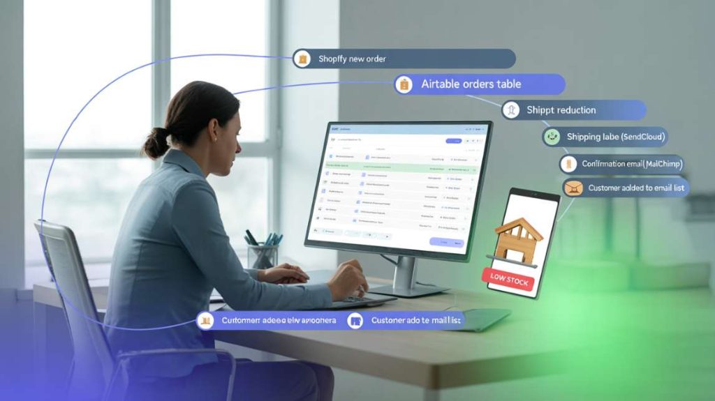 A woman working at a computer showing a connected workflow between Shopify, Airtable, and shipping tools.