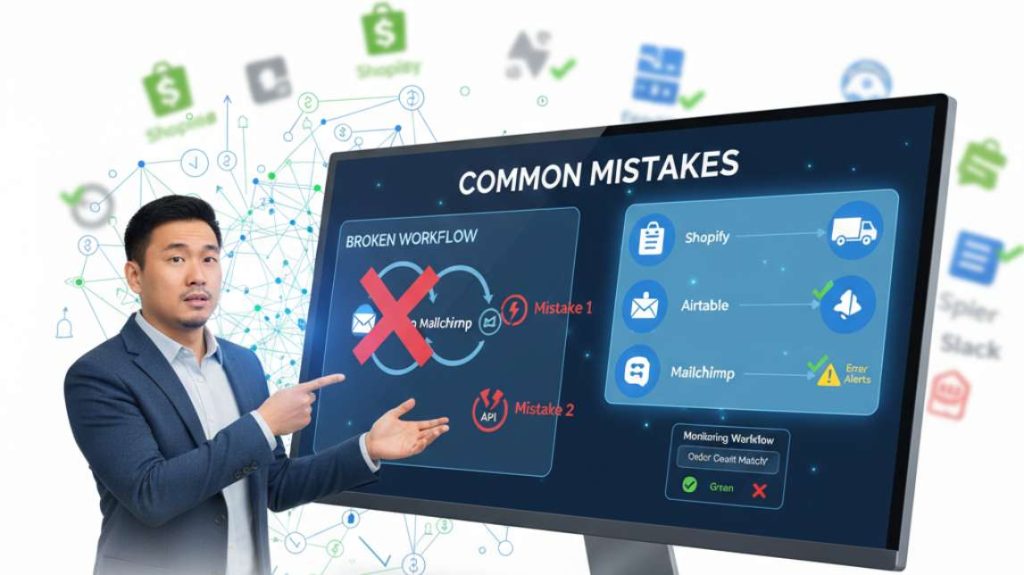 A man pointing to a screen displaying "Common Mistakes" such as infinite loops and broken API connections.