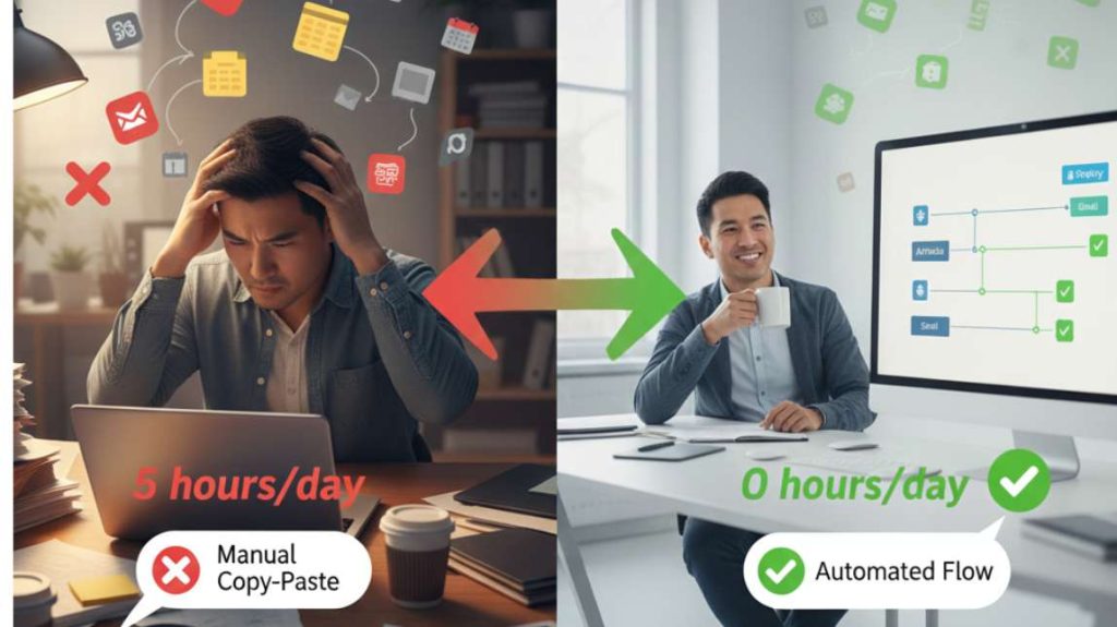 Split screen showing a stressed man doing manual copy-paste for 5 hours versus a relaxed man with an automated flow taking 0 hours.
